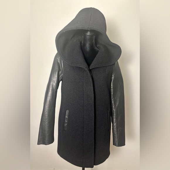 SOÏA & KYO Women’s Size Medium Black Wool Hooded Coat with Lamb Leather Sleeves - Picture 1 of 14